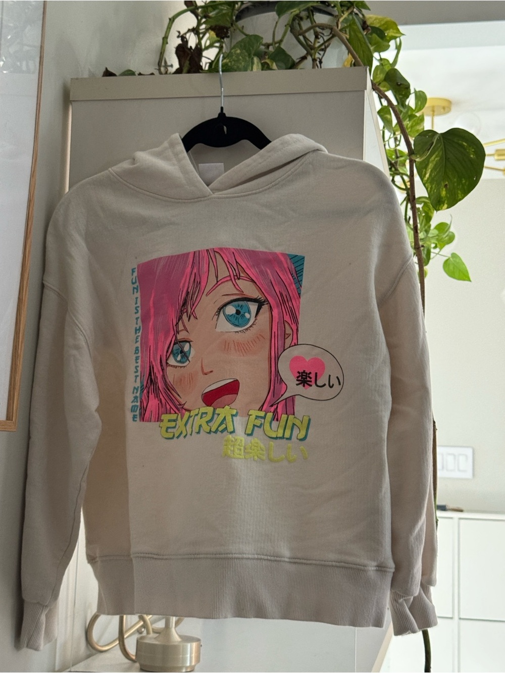Zara Cream Hoodie with Pink Anime Graphic and Blue Eyes